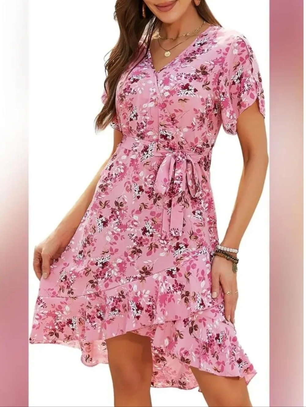 NWT Women's V Neck Short Sleeve Floral Boho Ruffle A Line Midi Dress Large